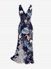 Hibiscus Flowers Tropical Leaf Print Hawaii Ruffles Split Surplice Dress - Bleu profond XL