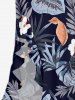 Hibiscus Flowers Tropical Leaf Print Hawaii Ruffles Split Surplice Dress - Bleu profond XL