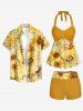 Sunflower Print Hawaii Twist Halter Backless Boyleg Tankini Swimsuit -  