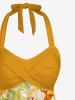 Sunflower Print Hawaii Twist Halter Backless Boyleg Tankini Swimsuit -  
