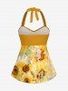 Sunflower Print Hawaii Twist Halter Backless Boyleg Tankini Swimsuit -  