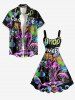 Spider Web Butterfly Swan Letter Flower Print Hawaii A Line Dress - Pourpre  3X