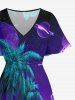 Robe midi trapèze grande taille à imprimé cocotier, galaxie et montagne, style hawaïen, avec poches fendues - Paon Bleu XXS