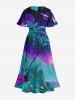 Robe midi trapèze grande taille à imprimé cocotier, galaxie et montagne, style hawaïen, avec poches fendues - Paon Bleu XXS