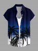 Women Coconut Tree Ombre Print Buttons Pocket Hawaii Shirt - Bleu profond XL