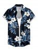 Women Hibiscus Flowers Tropical Leaf Print Buttons Pocket Hawaii Shirt - Bleu XL