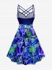 Coconut Tree Tropical Leaf Fruit Juice Print Ruched Lattice Crisscross Straps Hawaii Dress - Bleu S