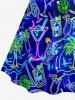 Coconut Tree Tropical Leaf Fruit Juice Print Ruched Lattice Crisscross Straps Hawaii Dress - Bleu S