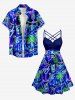 Coconut Tree Tropical Leaf Fruit Juice Print Ruched Lattice Crisscross Straps Hawaii Dress - Bleu S