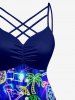 Coconut Tree Tropical Leaf Fruit Juice Print Ruched Lattice Crisscross Straps Hawaii Dress - Bleu S