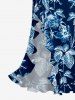 Flowers Leaf Print Hawaii Ruffles Split Surplice Dress - Bleu profond XL