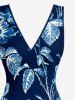 Flowers Leaf Print Hawaii Ruffles Split Surplice Dress - Bleu profond XL
