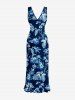 Flowers Leaf Print Hawaii Ruffles Split Surplice Dress - Bleu profond XL