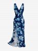 Flowers Leaf Print Hawaii Ruffles Split Surplice Dress - Bleu profond XL