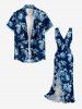 Flowers Leaf Print Hawaii Ruffles Split Surplice Dress - Bleu profond XL
