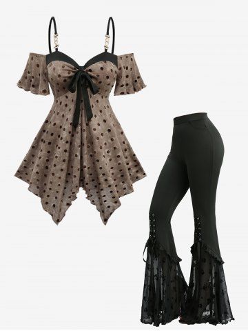 Polka Dot Flocking Tie Dye Top and Skull Stars Lace Up Pockets Flare Pants Outfit - BROWN