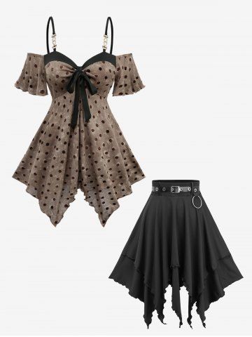 Polka Dot Flocking Tie Dye Top and Layered Solid Handkerchief A Line Skirt Outfit - BROWN