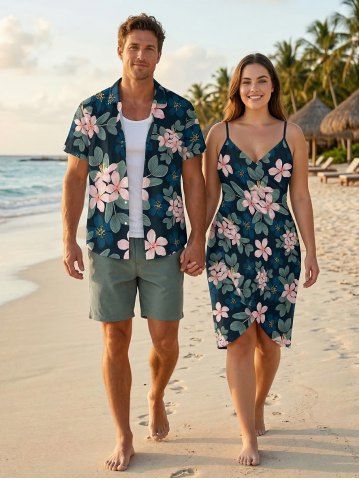 Leaf Flower Branch Print Matching Hawaii Beach Outfit For Couples