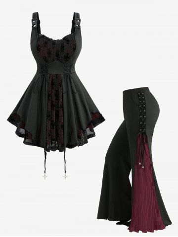 Silver Flocking Mesh Cross Tank Top and Lace Up Patchwork Pleated Flare Pants Plus Size Outfit - BLACK