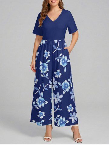 Flowers Leaf Print V Neck Hawaii Wide Leg Jumpsuit - DEEP BLUE - XS