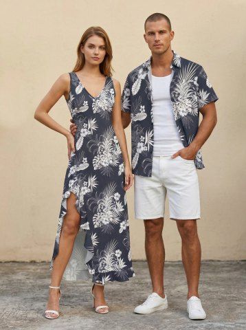 Hibiscus Flowers Tropical Leaf Print Matching Hawaii Beach Outfit For Couples