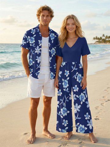 Flowers Leaf Print Matching Hawaii Beach Outfit For Couples