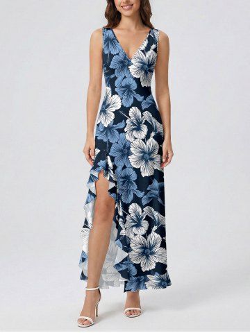 Hibiscus Flowers Print Hawaii Ruffles Split Surplice Dress - DEEP BLUE - L