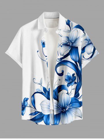 Plus Size Flowers Leaf Print Buttons Pocket Hawaii Shirt For Men - WHITE - L