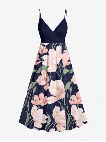 Plus Size Flowers Leaf Print Surplice Hawaii Midi Dress - PINK - 5X