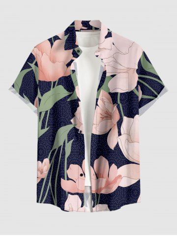 Plus Size Flowers Leaf Print Buttons Pocket Hawaii Shirt For Men - PINK - 3XL