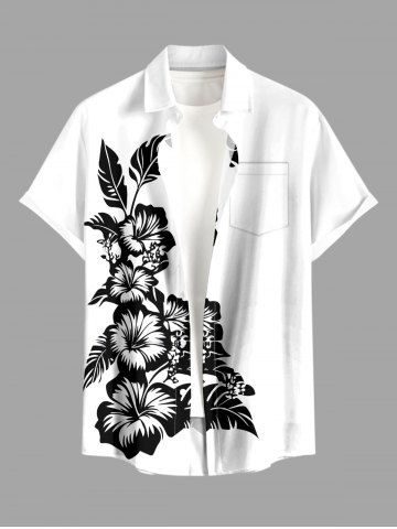 Plus Size Hibiscus Flowers Leaf Print Buttons Pocket Hawaii Shirt For Men - WHITE - L