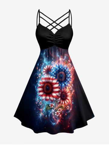 Plus Size Patriotic American Flag Sunflowers Galaxy Glitter 3D Print Ruched Lattice Crisscross Straps Dress - BLUE - 5X