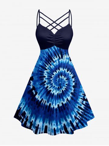 Plus Size Spiral Tie Dye Print Hawaii Ruched Crisscross Strappy A Line Cami Dress - BLUE - XXS
