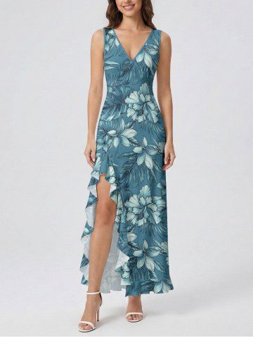 Flowers Tropical Leaf Print Hawaii Ruffles Split Surplice Dress - PEACOCK BLUE - XS
