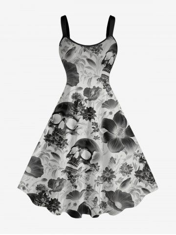 Plus Size X-ray Skull Flowers Leaf Print Hawaii Tank Dress - LIGHT GRAY - L
