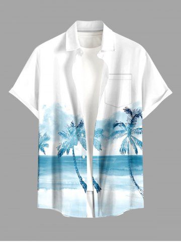 Plus Size Coconut Tree Ombre Cloud Print Buttons Pocket Hawaii Shirt For Men - WHITE - 3XL