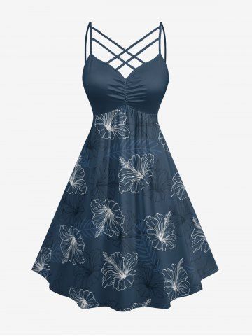 Plus Size Hibiscus Flower Tropical Leaf Print Ruched Lattice Crisscross Straps Hawaii Dress - CADETBLUE - 4X