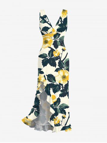 Flowers Leaf Print Hawaii Ruffles Split Surplice Dress - LIGHT YELLOW - L