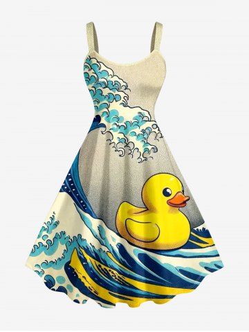 Plus Size Duck Sea Waves Print Hawaii A Line Dress - YELLOW - L