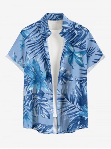 Men's Plus Size Tropical Leaf Flower Print Hawaii Button Pocket Shirt - BLUE - 3XL