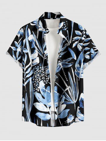 Plus Size Tropical Leaf Flower Dragonfly Print Hawaii Button Pocket Shirt For Men - BLACK - 5XL