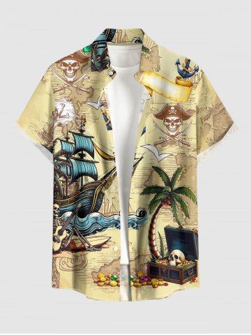 Plus Size Coconut Tree Sailboat Skull Pirate Print Hawaii Cruise Button Pocket Shirt For Men