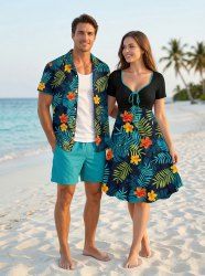 Troipical Flower Leaf Print Matching Hawaii Beach Outfit For Couples -  