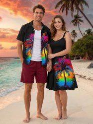 Colorful Coconut Tree Sun Print Matching Hawaii Beach Outfit For Couples -  