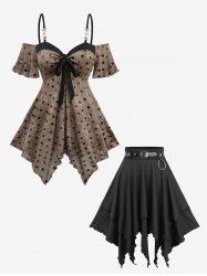 Polka Dot Flocking Tie Dye Top and Layered Solid Handkerchief A Line Skirt Outfit -  