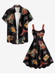 Dinosaur Flower Print Matching Hawaii Beach Outfit For Couples - Noir 