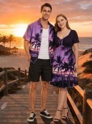 Coconut Tree Seascape Ombre Sky Print Matching Hawaii Beach Outfit For Couples -  
