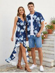 Flower Leaf Branch Print Matching Hawaii Beach Outfit For Couples - Bleu profond 