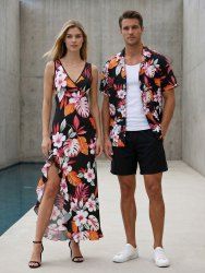Flowers Leaf Tropical Print Matching Hawaii Beach Outfit For Couples -  