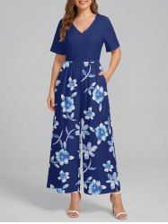 Flowers Leaf Print V Neck Hawaii Wide Leg Jumpsuit - Bleu profond 2XL